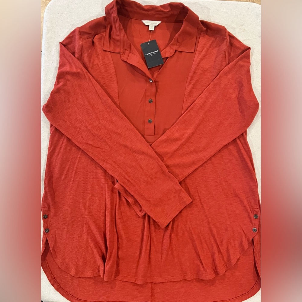 Lucky Brand Orange Long Sleeve Hi Low Half Button Blouse Women’s Size Medium